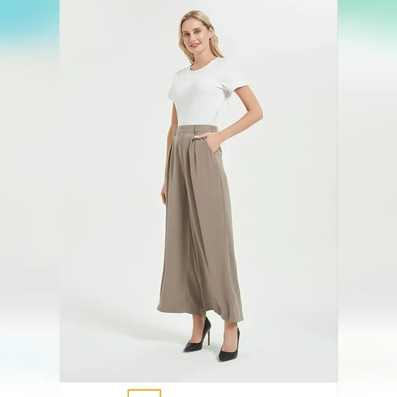 Tan Dress Pants with Wide-Leg Design and Pleated Front - Picture 14 of 15
